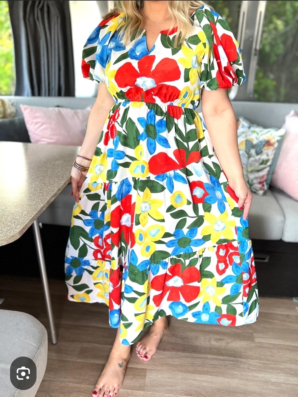 Umgee Bright Multi Floral Midi Dress with Puff Sleeves